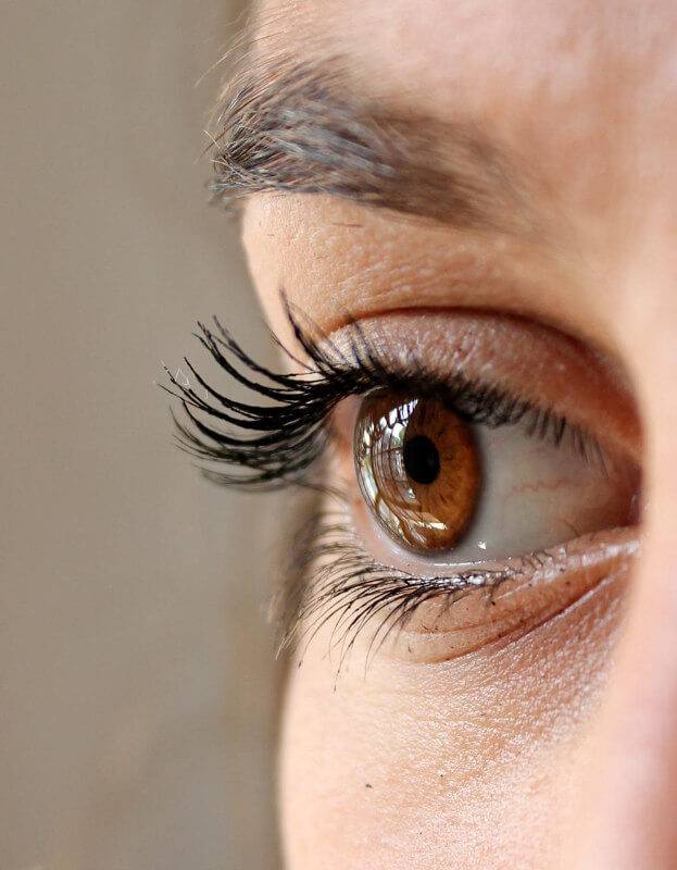 Braunes Auge in Nahaufnahme mit Blick nach links